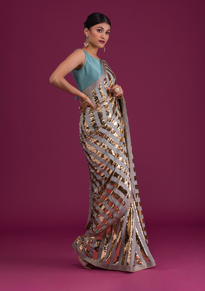 Sea Green Sequins Semi Crepe Saree-Koskii