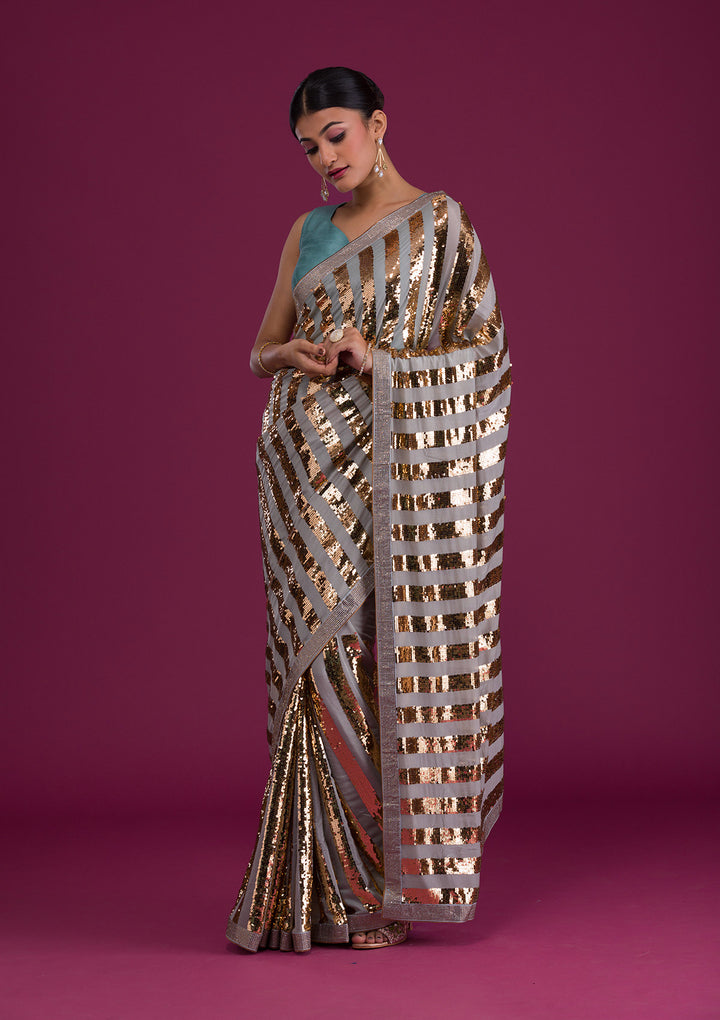 Sea Green Sequins Semi Crepe Saree-Koskii