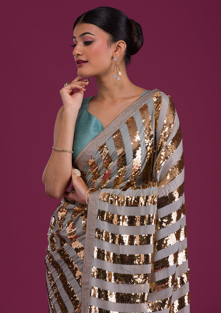 Sea Green Sequins Semi Crepe Saree-Koskii