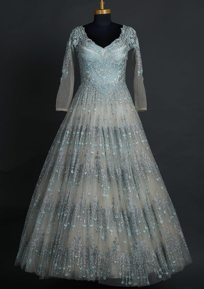 Sea Green Silver Stonework Net Designer Gown - koskii