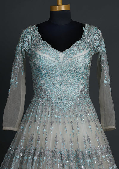 Sea Green Silver Stonework Net Designer Gown - koskii