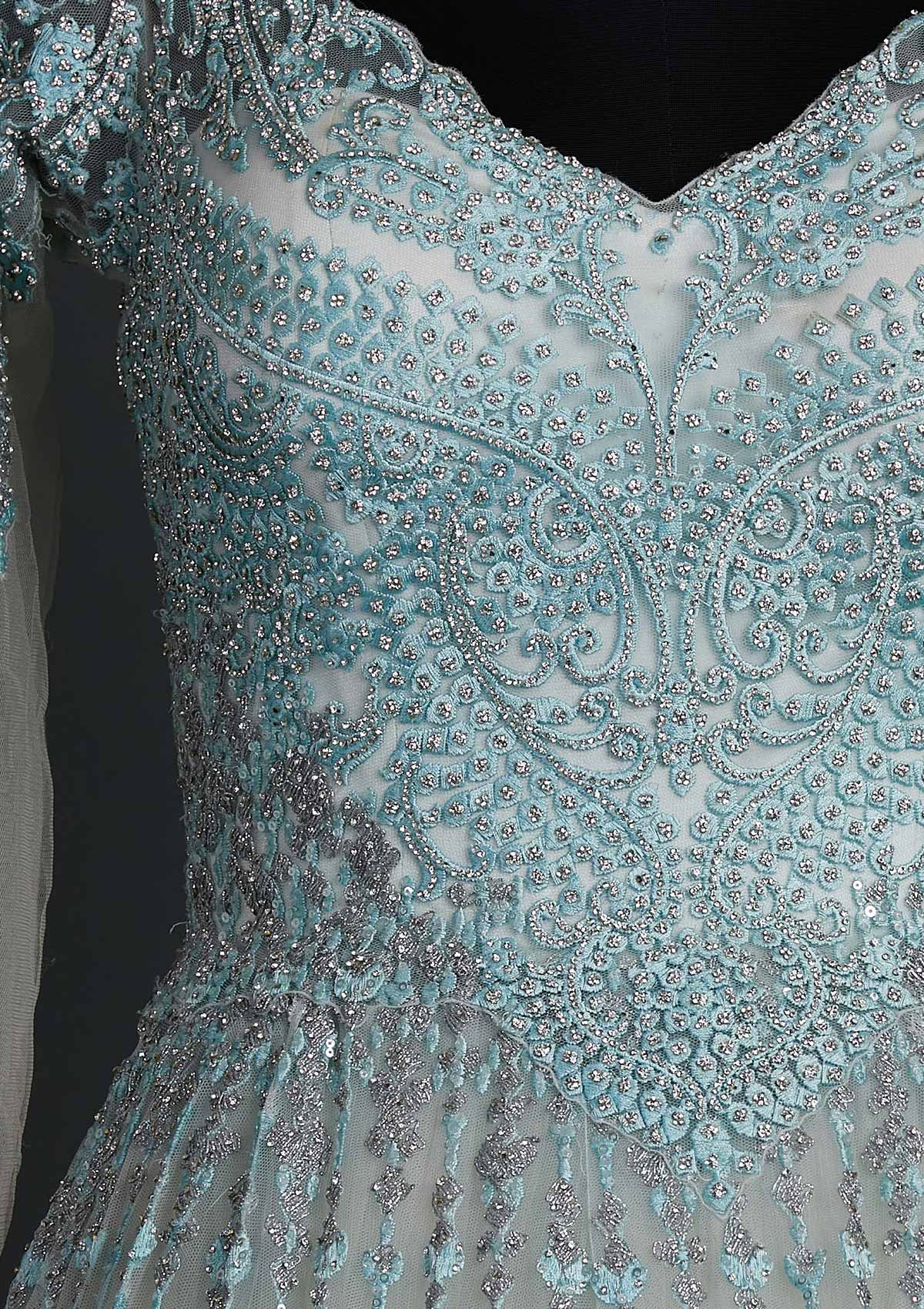 Sea Green Silver Stonework Net Designer Gown - koskii