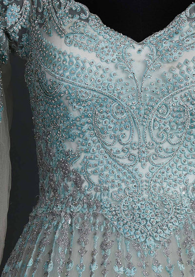 Sea Green Silver Stonework Net Designer Gown - koskii