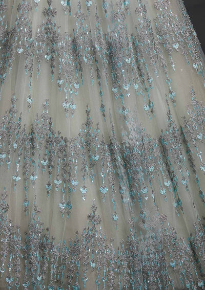 Sea Green Silver Stonework Net Designer Gown - koskii