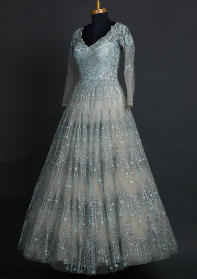 Sea Green Silver Stonework Net Designer Gown - koskii