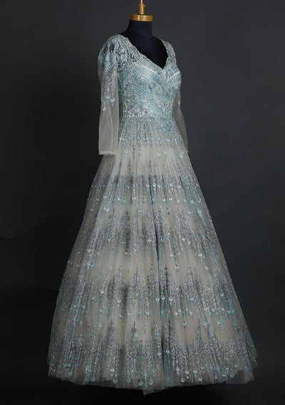 Sea Green Silver Stonework Net Designer Gown - koskii