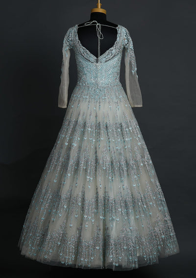 Sea Green Silver Stonework Net Designer Gown - koskii