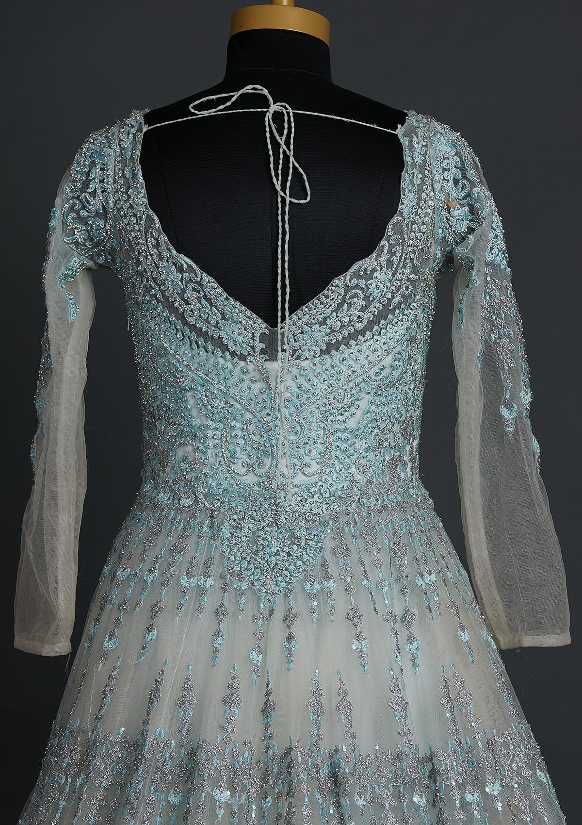 Sea Green Silver Stonework Net Designer Gown - koskii