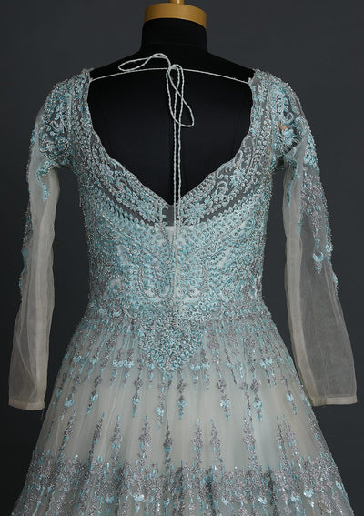 Sea Green Silver Stonework Net Designer Gown - koskii