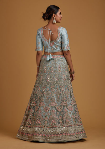 Sea Green Silver Stonework Net Designer Semi-Stitched Lehenga - koskii