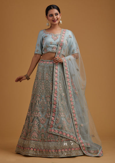 Sea Green Silver Stonework Net Designer Semi-Stitched Lehenga - koskii