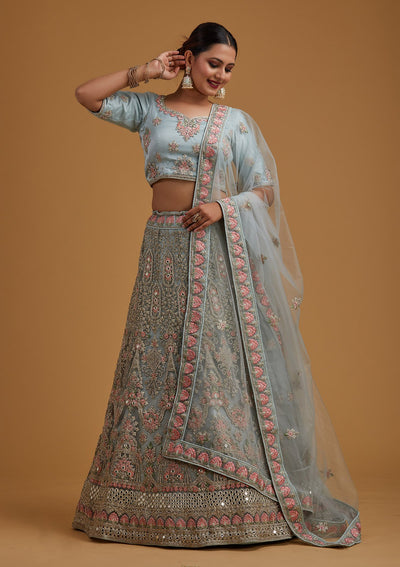 Sea Green Silver Stonework Net Designer Semi-Stitched Lehenga - koskii