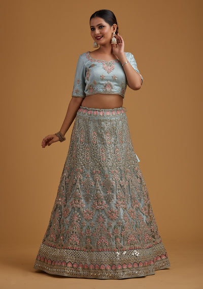 Sea Green Silver Stonework Net Designer Semi-Stitched Lehenga - koskii