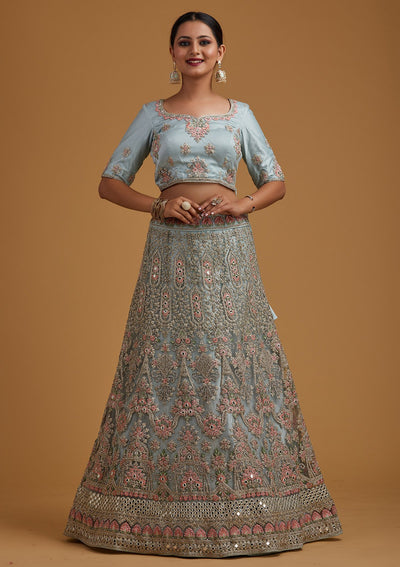 Sea Green Silver Stonework Net Designer Semi-Stitched Lehenga - koskii