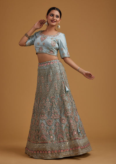 Sea Green Silver Stonework Net Designer Semi-Stitched Lehenga - koskii