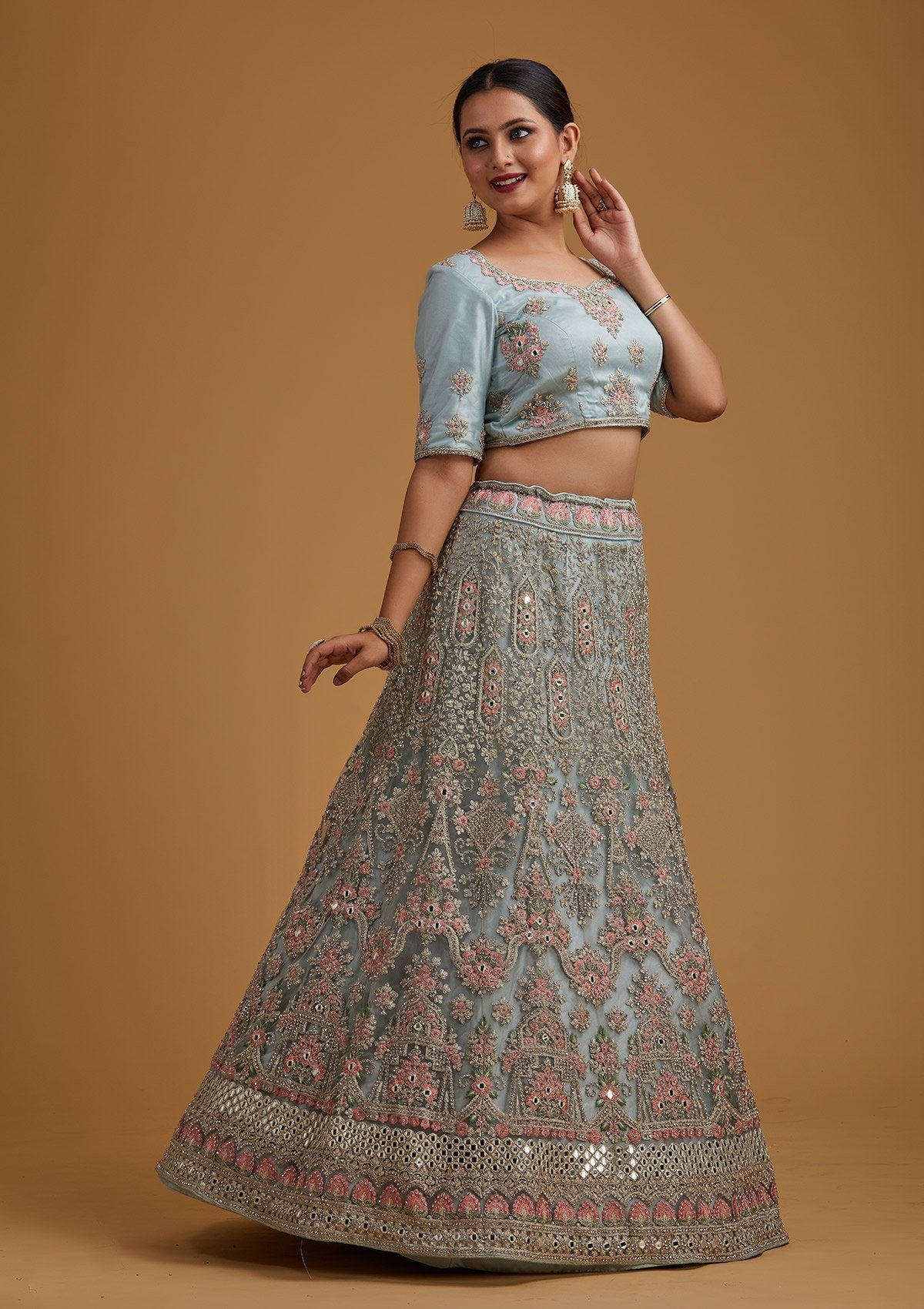 Sea Green Silver Stonework Net Designer Semi-Stitched Lehenga - koskii