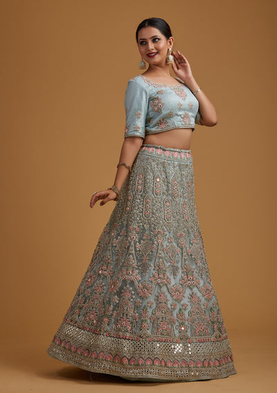 Sea Green Silver Stonework Net Designer Semi-Stitched Lehenga - koskii