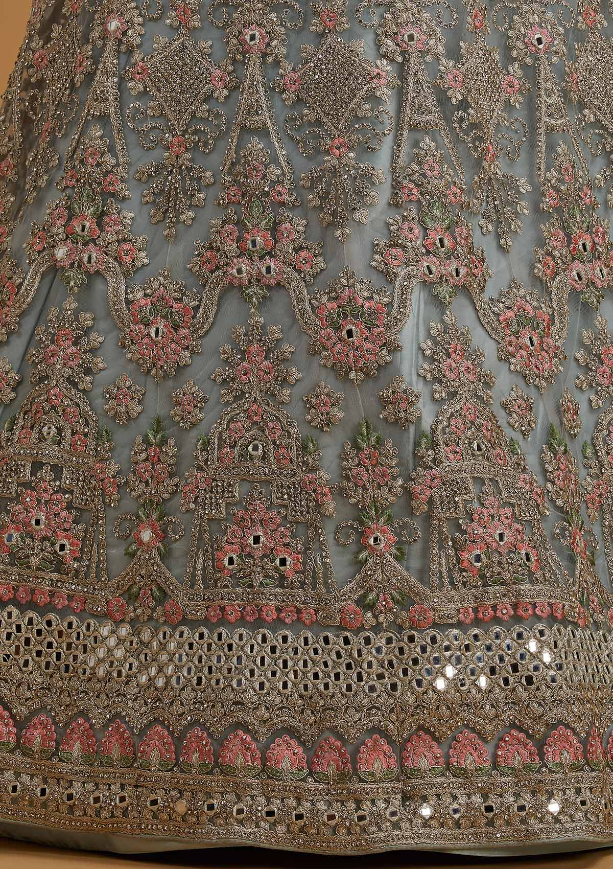 Sea Green Silver Stonework Net Designer Semi-Stitched Lehenga - koskii