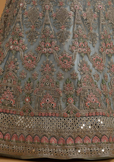 Sea Green Silver Stonework Net Designer Semi-Stitched Lehenga - koskii