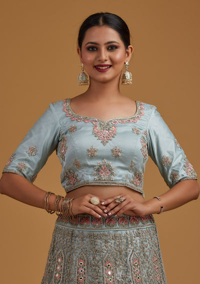 Sea Green Silver Stonework Net Designer Semi-Stitched Lehenga - koskii