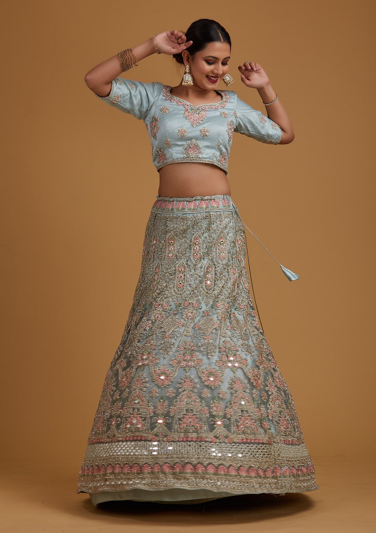 Sea Green Silver Stonework Net Designer Semi-Stitched Lehenga - koskii