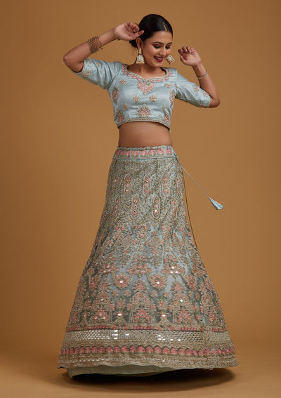 Sea Green Silver Stonework Net Designer Semi-Stitched Lehenga - koskii