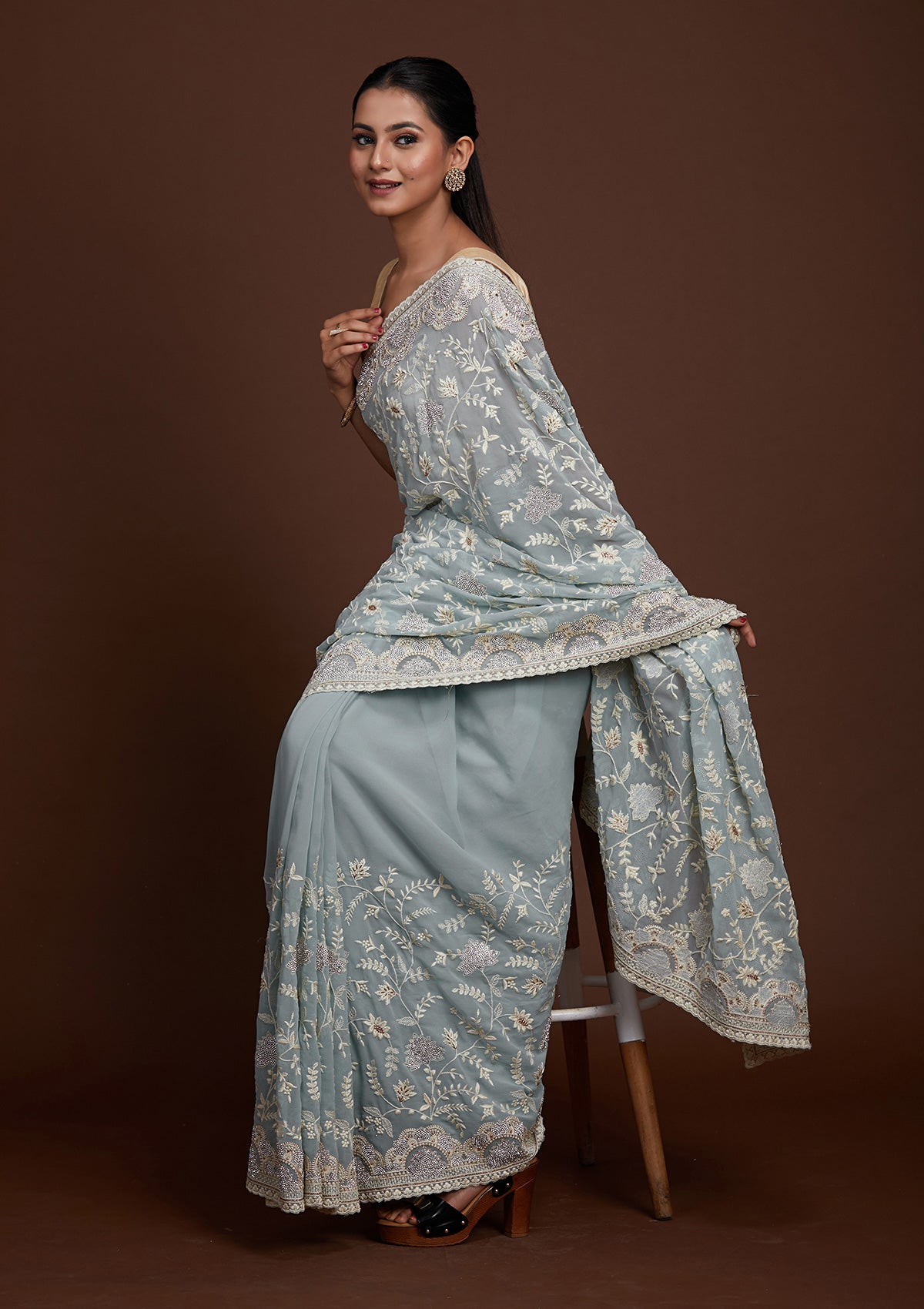 Sea Green Silver Stonework Net Saree-Koskii