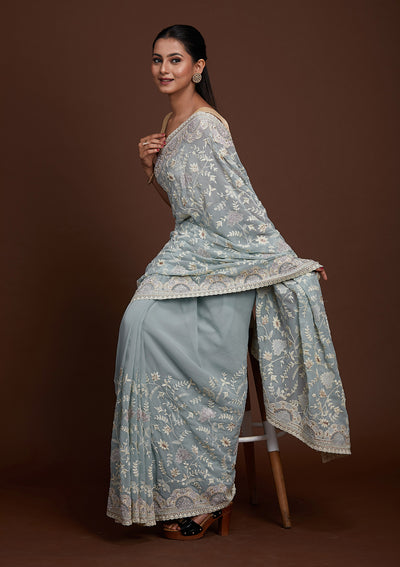 Sea Green Silver Stonework Net Saree-Koskii