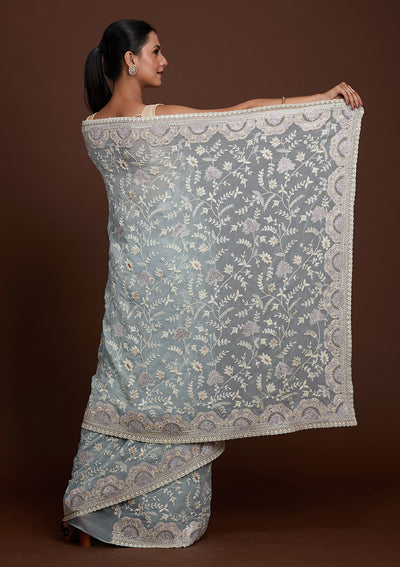 Sea Green Silver Stonework Net Saree-Koskii