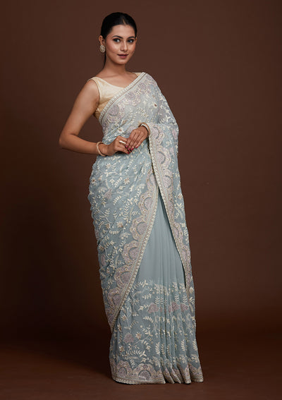Sea Green Silver Stonework Net Saree-Koskii