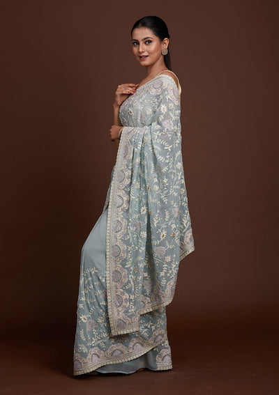 Sea Green Silver Stonework Net Saree-Koskii