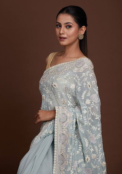 Sea Green Silver Stonework Net Saree-Koskii