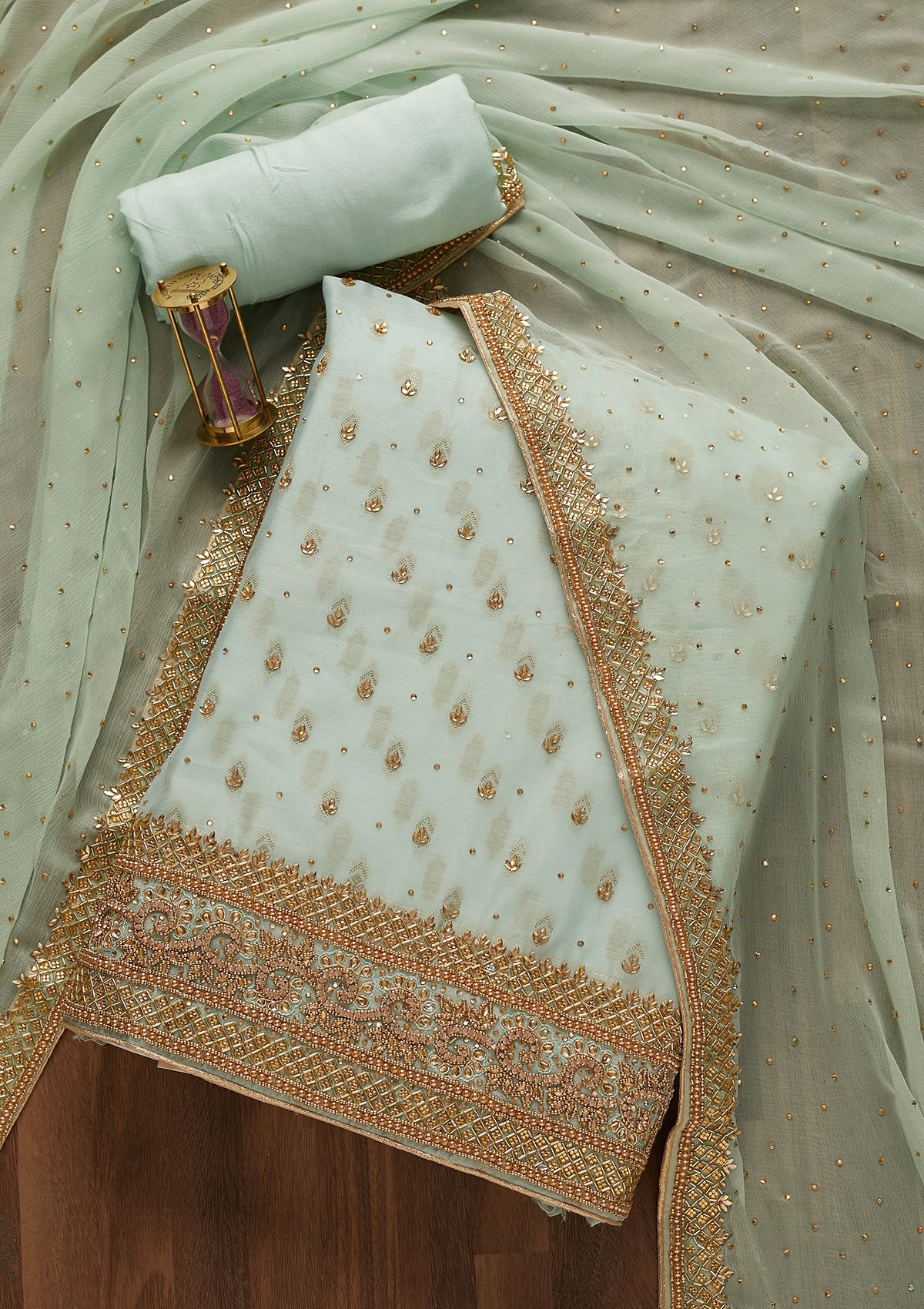 Sea Green Silver Stonework Raw Silk Unstitched Salwar Suit-Koskii