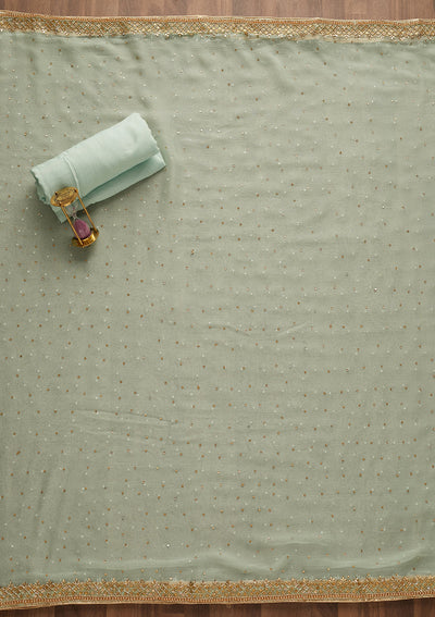 Sea Green Silver Stonework Raw Silk Unstitched Salwar Suit-Koskii