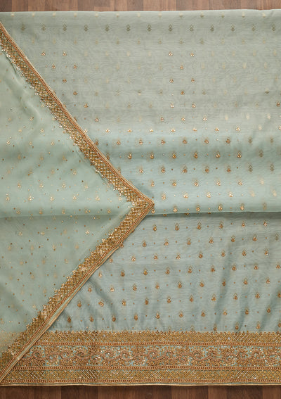 Sea Green Silver Stonework Raw Silk Unstitched Salwar Suit-Koskii