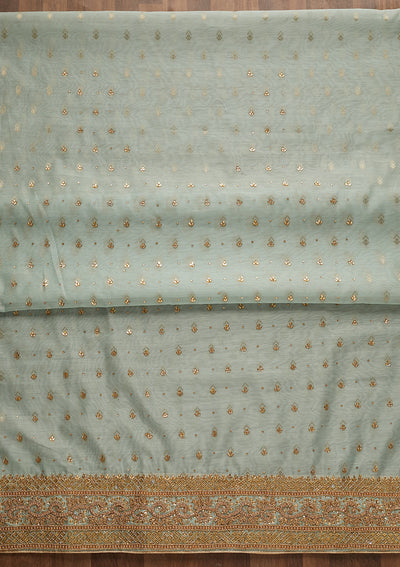 Sea Green Silver Stonework Raw Silk Unstitched Salwar Suit-Koskii