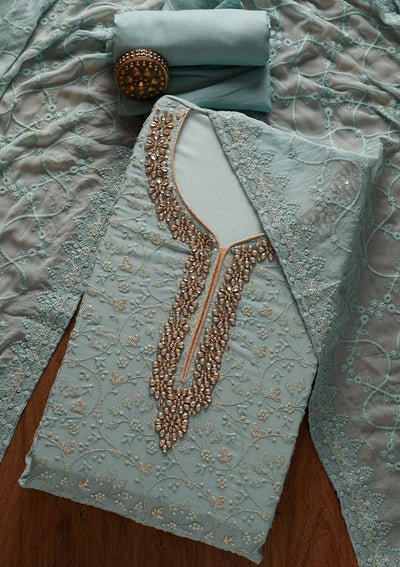 Sea Green Stonework Georgette Designer Unstitched Salwar Suit - koskii