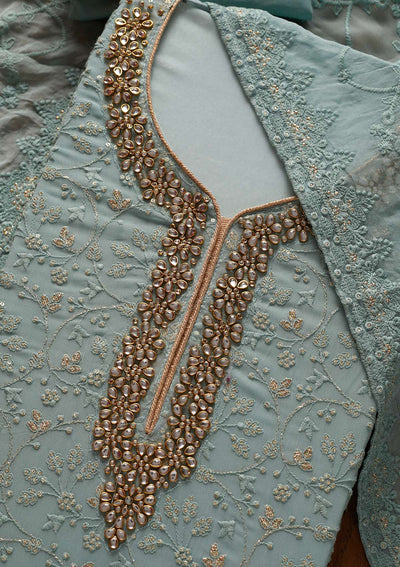 Sea Green Stonework Georgette Designer Unstitched Salwar Suit - koskii