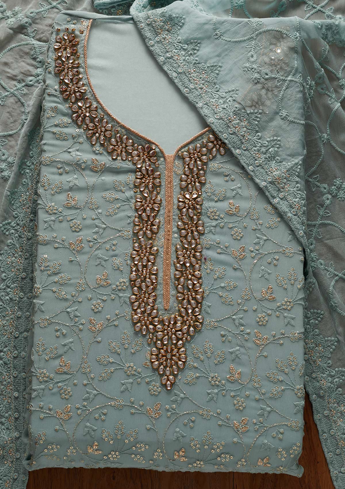 Sea Green Stonework Georgette Designer Unstitched Salwar Suit - koskii