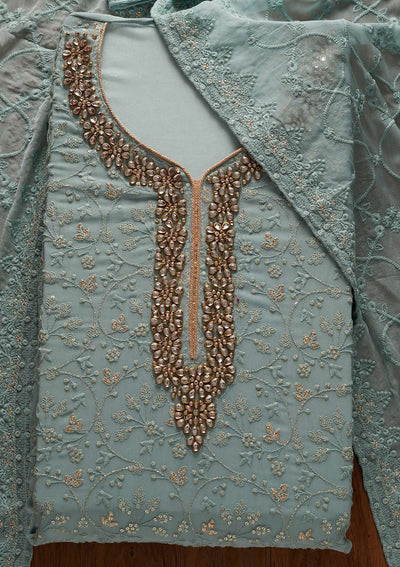 Sea Green Stonework Georgette Designer Unstitched Salwar Suit - koskii