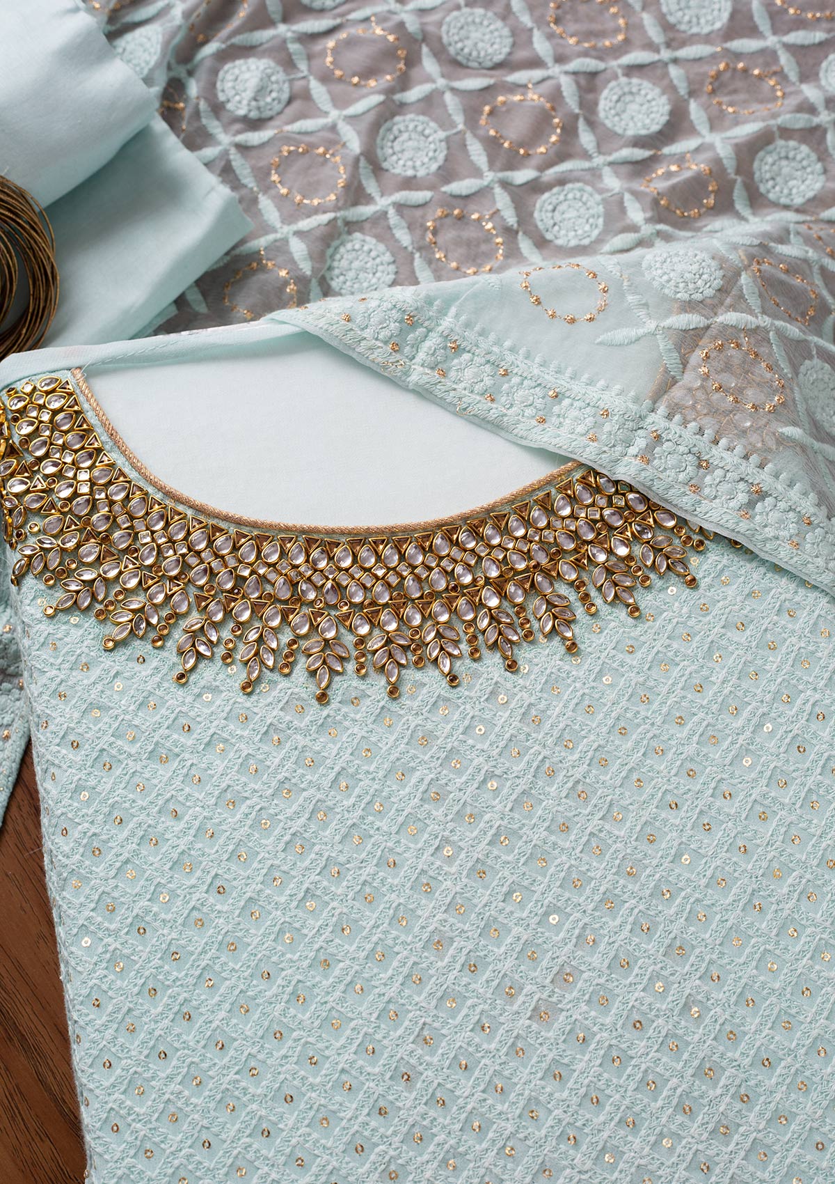 Sky Blue Stonework Georgette Unstitched Salwar Suit - Koskii