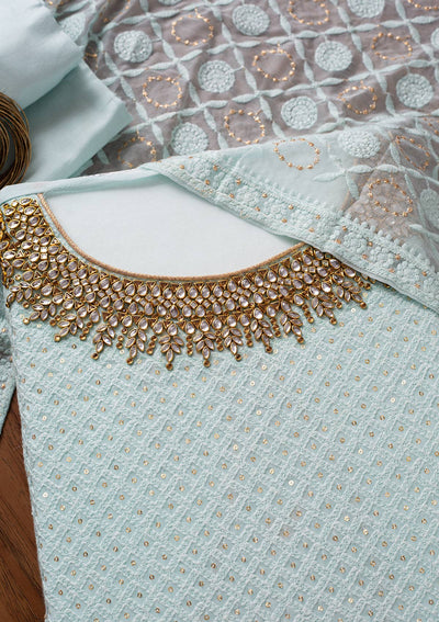 Sky Blue Stonework Georgette Unstitched Salwar Suit - Koskii