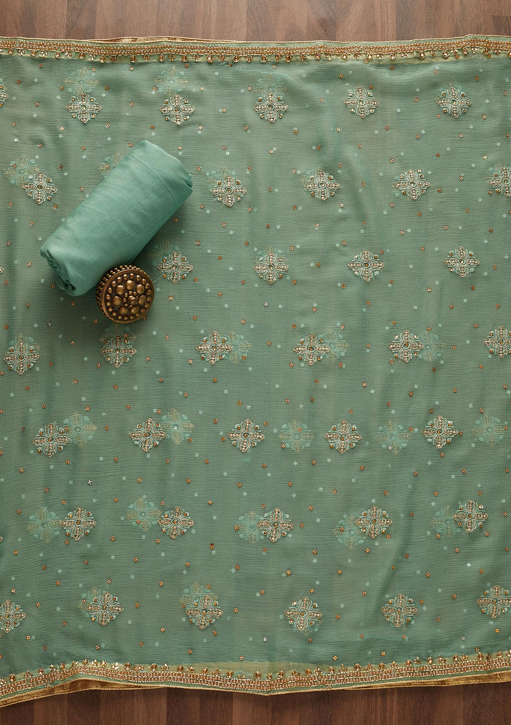 Sea Green Stonework Georgette Designer Unstitched Salwar Suit - Koskii