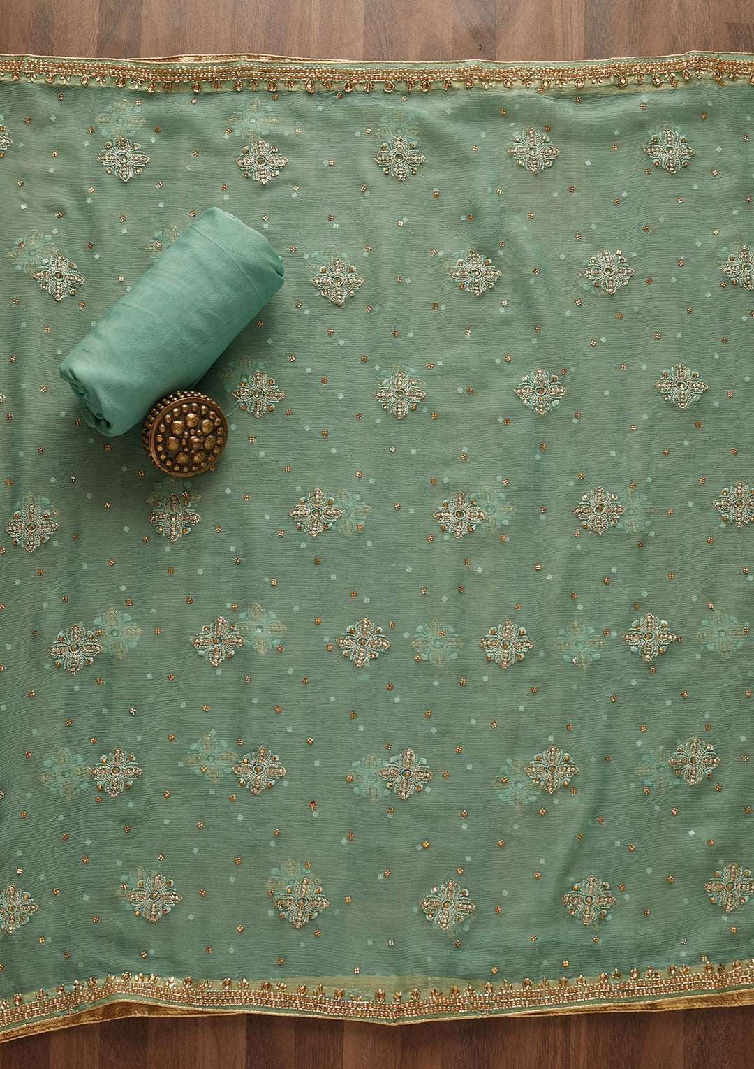 Sea Green Stonework Georgette Designer Unstitched Salwar Suit - Koskii