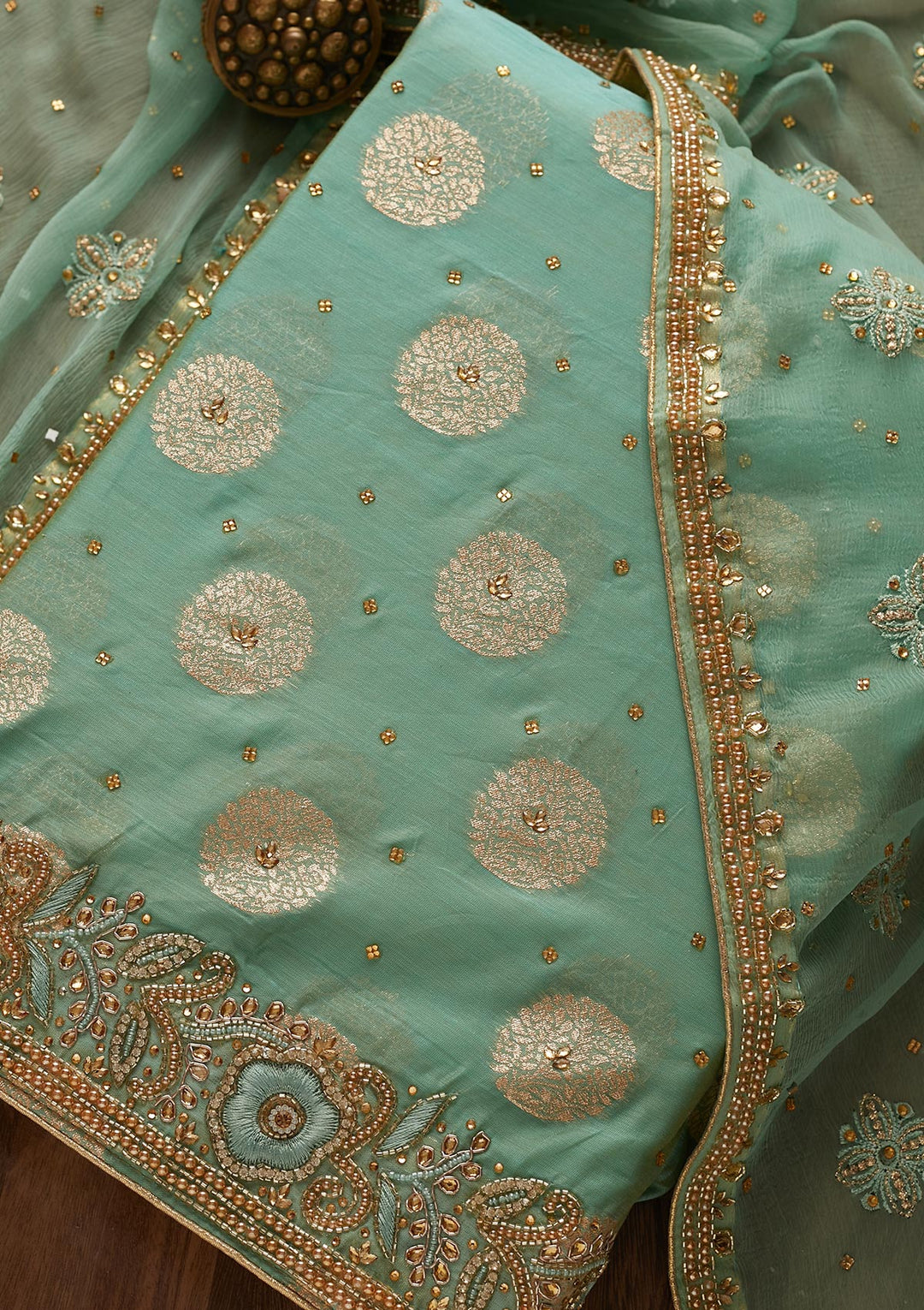 Sea Green Stonework Georgette Designer Unstitched Salwar Suit - Koskii