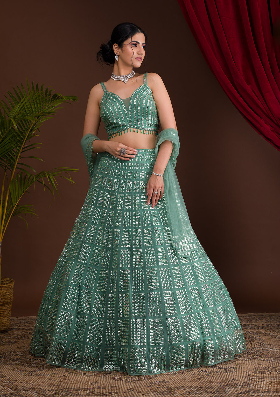 Sea Green Stonework Net Designer Lehenga-Koskii