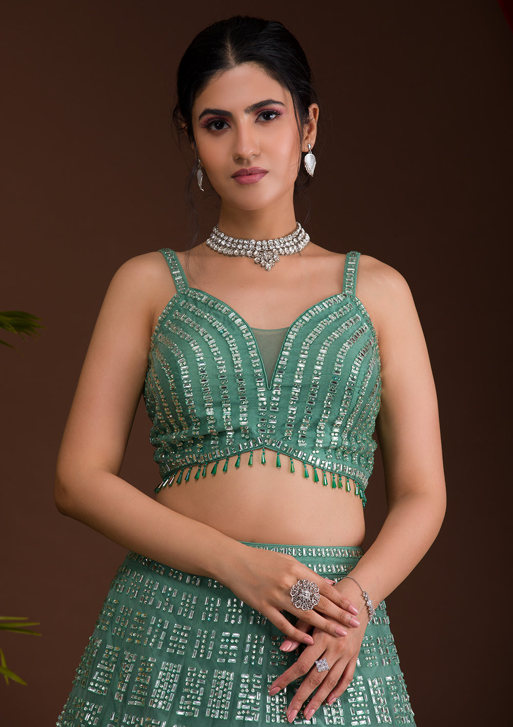 Sea Green Stonework Net Designer Lehenga-Koskii