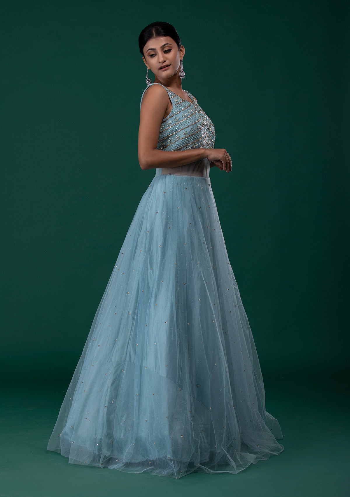 Buy Sea Green Stonework Net Designer Gown Koskii