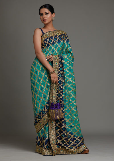 Sea Green Stonework Semi Crepe Saree- Koskii