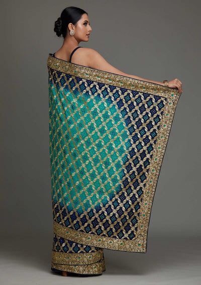 Sea Green Stonework Semi Crepe Saree - Koskii